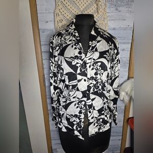Black and White Silk Floral Button-Up Blouse